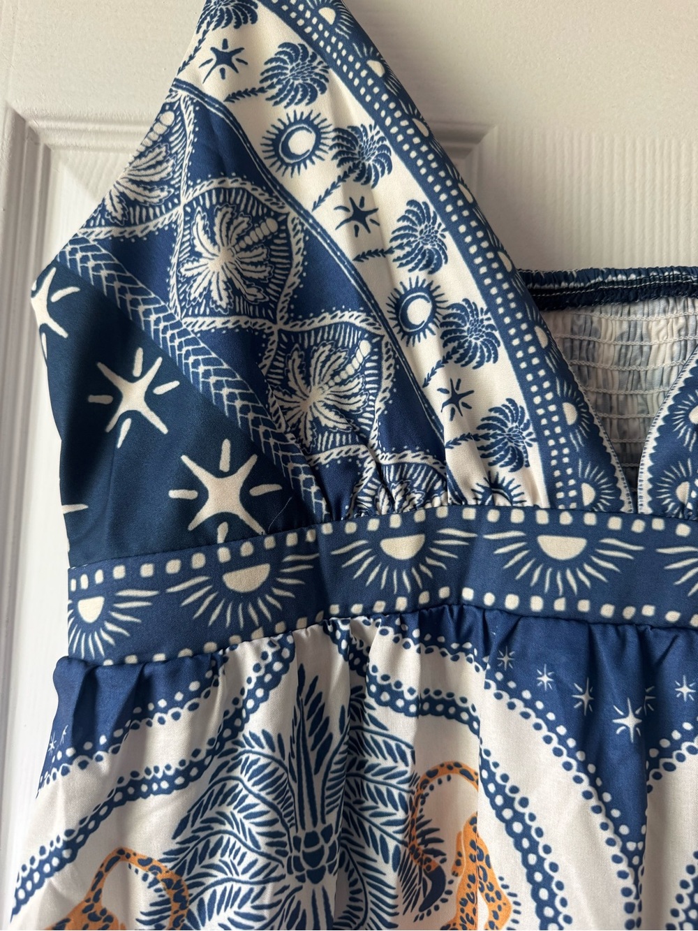 NWOT-Bohemian Maxi Dress with Blue & Orange Print/ Size-Large - Picture 3 of 7